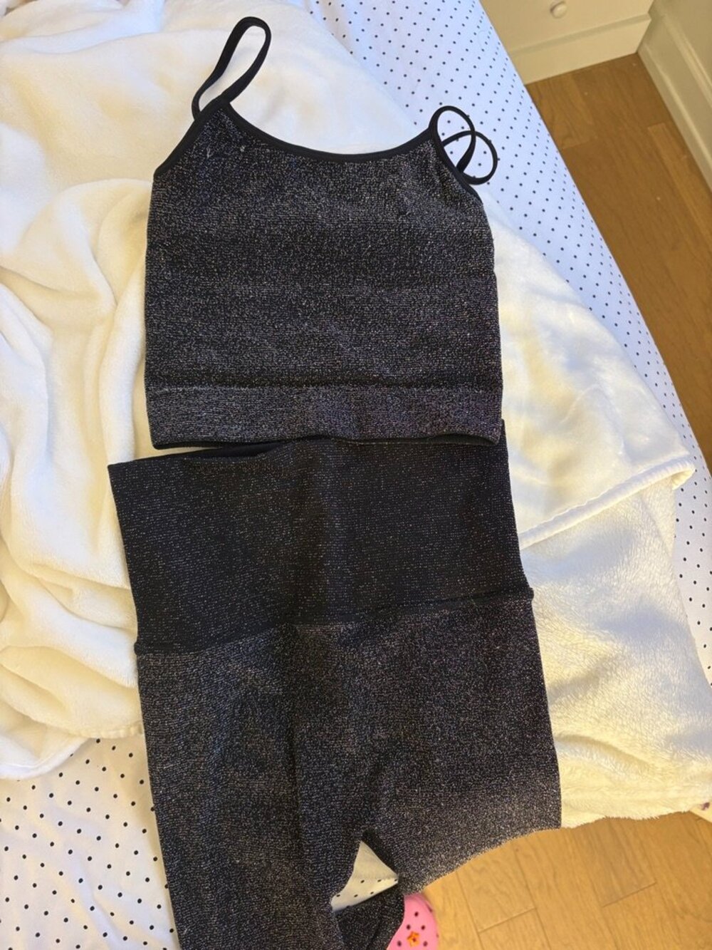 Bandier Black Shimmer Crop Tank and High-Waist Shorts Set